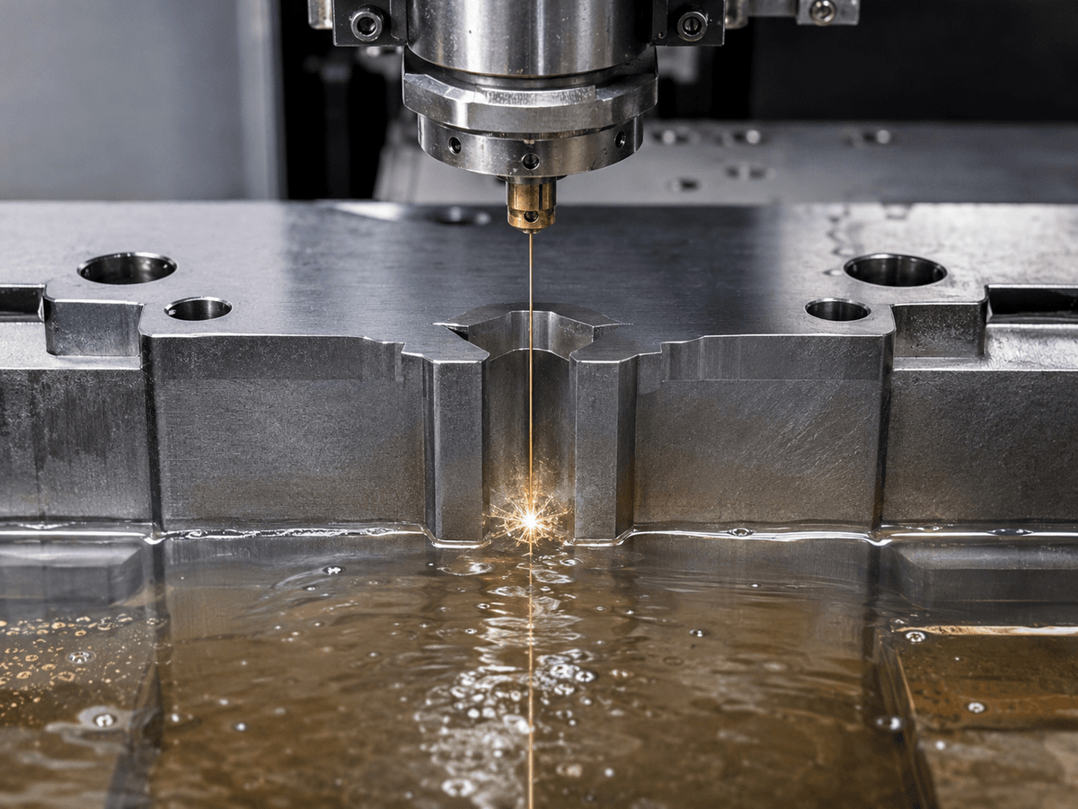 Wire EDM machine cutting a precision metal die